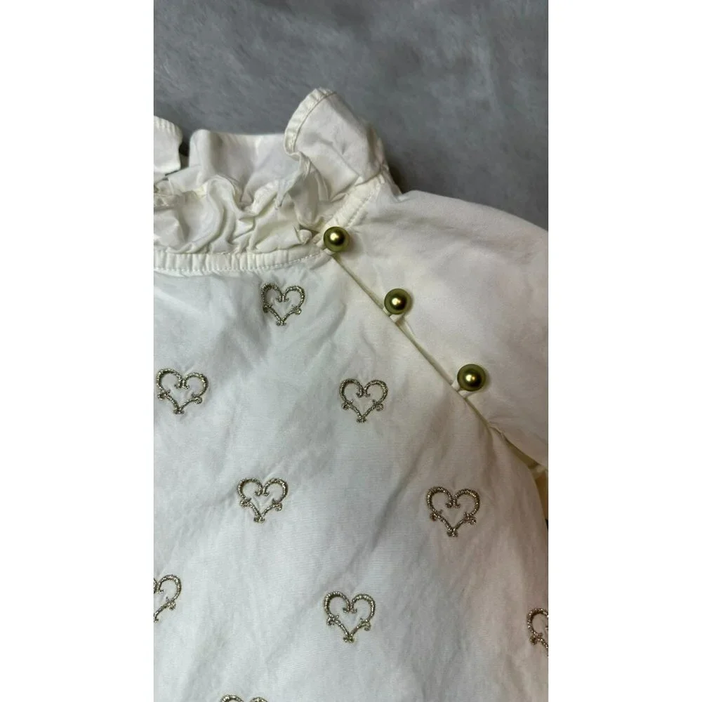 Janie and Jack Baby Girls 18-24 Months White High Neck Heart Embroidered LS Cott - Picture 5 of 11